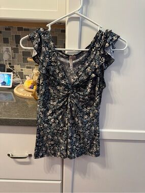 Susan Lawrence Black Floral Twist-Front Tank with Teal Accents